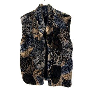 Faux Fur Animal Print Vest Womens Vtg XL Joseph Ribkoff  Mob Wife Reversible